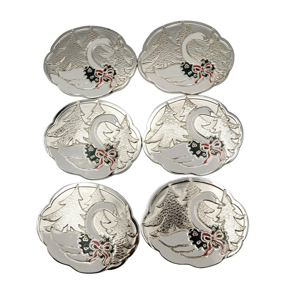 Swan Silver Plated Enamel Coasters 1987 Wm A Rogers Set of 6 Oneida Holliday